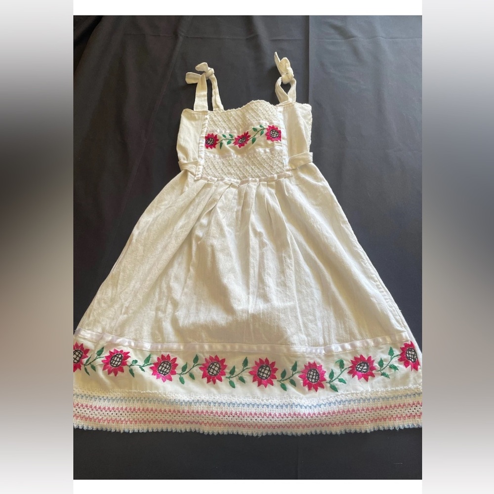 VTG Embroidery Mexican Ethnic Boho Dress White pink Cotton Women Xs